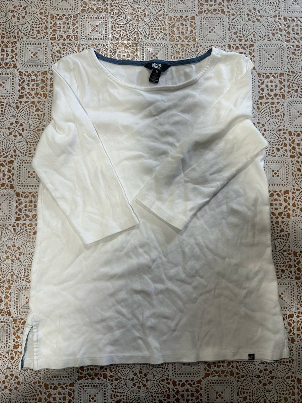 Lands’ End White Pima Cotton 3/4 Sleeve Top Medium
